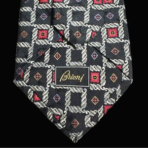 Brioni Mens Silk Tie Black Red Silver Rope Medallion Geometric Handmade Italy